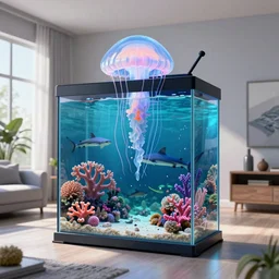 the realistic photo of the modern room as aquarium with a big jellyfish and beautiful corals, sharks, under the ocean, realistic colors, realistic shadows, daylight made in blender, hd, 3 d by beeple and damian hirst