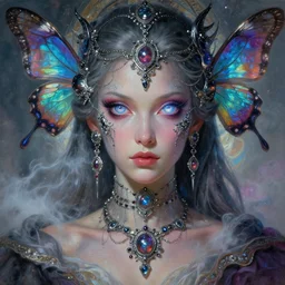 a baroque neoclassicist portrait of a final fantasy futuristic empress tsarina alien goddess gazing intensely with big glowing cosmic eyes adorned in intricate silver blacklight retrofuturistic jewelry with iridescent butterfly wings and silk, misty x - particles, award winning science fiction painting by norman rockwell, frank frazetta, syd mead, artgerm, alphonse mucha, rich colors, unreal engine 5, dreamcore