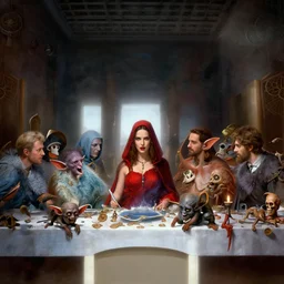 still dnd last supper, symmetric, kate beckinsale as thief red dress center, goblins, mages, skeletons, 8 k, deep focus, fantasy, intricate, elegant, highly detailed, digital painting artstation, concept art, matte, sharp focus, hearthstone, art by greg rutkowski, ilya kuvshinov, boris valejo