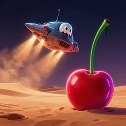 pacman and ghost spaceship landing in the desert, dramatic lighting, lit thrusters, giant neon cherry in the sand, chris foss concept art, matte painting, digital movie backdrop