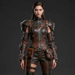 character art front view of a young woman wearing a leather outfit with straps and padding and satchels and bags and holsters and decorations, haute couture, elaborate, intricate, artstation, in the style of peter mohrbacher, artgerm, dramatic lighting, octane render, character concept, fashion shoot
