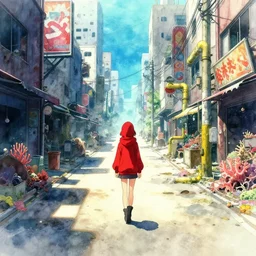 incredible anime movie scene, vanishing point, red hoody woman explorer, watercolor, underwater market, empty road, coral reef, billboards, harsh bloom lighting, rim light, abandoned city, paper texture, movie scene, caustics shadows, deserted shinjuku junk town, old pawn shop, bright sun ground, wires, telephone pole, pipes, yellow