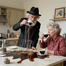 made of colorful metal strings strange dusty professor in black suite and hat and a old woman making a study of drinking 1 0 cups of black coffee in 5 seconds in a kitchen that is melting, styled by jean tinguely and niki de saint phalle