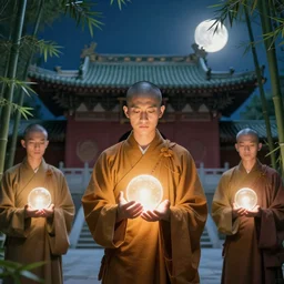 [ shaolin monks. orbs of light hover over their open palms ] ( backdrop : shrine / night sky / bamboo / full moon / flora ) fantasy art, digital painting, golden hour, sunburst, highly detailed. realistic award, 8 k concept art, watercolor splash, epic mythology, illustration style of disco elysium