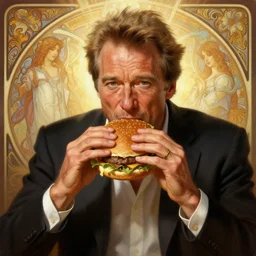 painted portrait of ( ( ( clint eastwood ) ) ) eating giant hamburgers, mature, handsome, fantasy, intricate, elegant, highly detailed, digital painting, artstation, concept art, sharp focus, illustration, illumination, holy ethereal light, art by gaston bussiere and alphonse mucha