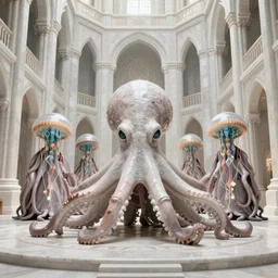 group of mankind mages with octopus heads with jellyfish inside an ancient mage castle hall colossal scale, gothic and baroque, brutalist architecture, ultradetailed, Intricate by Ellen Jewett and Josan Gonzalez and Giuseppe Arcimboldo