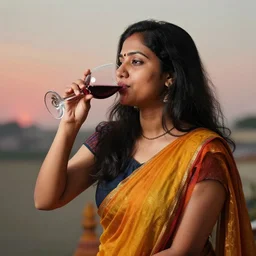 indian woman sipping wine, highly detailed, lonely, diverse colors, 4 k, dynamic composition