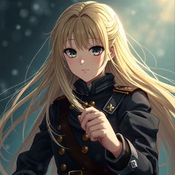 baroque oil painting japanese light novel cover illustration anime key visual full body action shot | young girl wearing black military crusader uniform with long flowing blonde hair | perfect face fine detail | lotr gapmoe kuudere moody lighting stunning bokeh highlights sharp contrast | trending pixiv fanbox | by greg rutkowski makoto shinkai takashi takeuchi studio ghibli