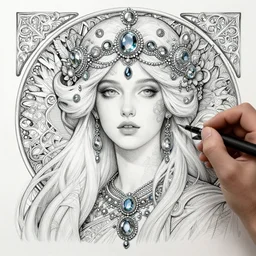 a highly detailed beautiful white haired woman, adorned with precious stones, pen and ink, intricate line drawings by jeremy mann and alphonse mucha, 8 k resolution, trending on artstation, very very detailed, masterpiece, stunning,