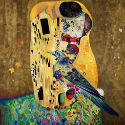 an insanely detailed cell shaded vector art of a portrait of a mechanical bird with woman and the death, intricate detailed color smashing fluid oil paint and acrylic, autumn leaves, melting wax, mycelia, abstract impressionism, ruan jia, fantasy, hyper detailed, concept art, by gustav klimt,