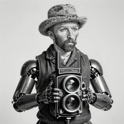 photo of a cyborg as a vincent van gogh lookalike, by diane arbus, black and white, high contrast, rolleiflex, 5 5 mm f / 4 lens
