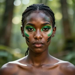 beautiful portrait, ( ( head shot ) ), tribal, brown skin, sharp focus, ffxiv, neo classic, bloom, movie still, dogi, sony, symmetrical, makeup, sephora, loreal, green highlights, lens, face paint, flare, studio light, octane render, maybelline, model, forest, traditional, vsco, bokeh, 8 k