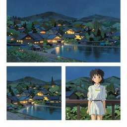 A beautiful landscape painting of a small japanese village by a lake at night by Alfons Maria Mucha and Julie Dillon and Makoto Shinkai