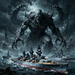 an ultradetailed illustration of cthulu destroying a fleet of battleships, ominous and scary, dark thunderstorm, horror from beyond space and time, lovecrafting horror, intricate detail, cinematic, 8 k, volumetric lighting, octane render, art by jeong seon and hokusai