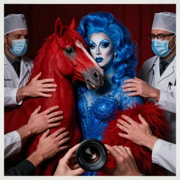 zeiss lens photograph annie leibowitz only with blue drag queen in love with a red stallion too many hands in all directions doctors mask in the style of gottfried helnwein chiaroscuro intricate composition blue l insanely quality highly detailed masterpiece red light