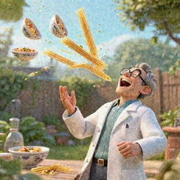 a mad scientist in a back yard laughing happily at the spaghetti bowls which are falling from the sky , made by Stanley Artgerm Lau, WLOP, Rossdraws, ArtStation, CGSociety, concept art, cgsociety, octane render, trending on artstation, artstationHD, artstationHQ, unreal engine, 4k, 8k,