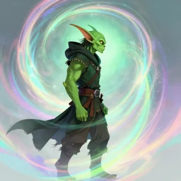 side profile, male half - human half - goblin rogue, green skin, gloomhaven, luminescent, colorful swirly magic ripples, pastel colors, by greg manchess, huang guangjian, gil elvgren, sachin teng, greg rutkowski, jesper ejsing, ilya kuvshinov