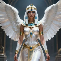 perfect white haired egyptian goddess wearing white dove wings, warframe armor, regal, attractive, ornate, sultry, beautiful, dreamy, half asian, pretty face, blue eyes, detailed, scifi platform, 4 k, ultra realistic, epic lighting, android body, illuminated, cinematic, masterpiece, art by akihito tsukushi, voidstar, artgerm
