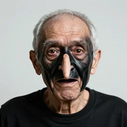 portrait photo of an old wrinkled man, skinny face, bony face, long nose, crooked nose, large full mouth, black pulcinella masquerade mask, pointy conical hat, white wrinkled shirt, presenting pizza, black background, close - up, skin blemishes, menacing, intimidating, masterpiece by kenneth willardt
