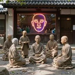 monks made of plastic and clay, 3 d, exterior street, neon japanese temple portrait face, dappled light, in the style of matt murphy, jeremy enecio, miles johnston, monet, cynical realism, john william godward, yoshitaka amano, miles johnston, louise zhang, matt murphy, enes dirig, pekka halonen, finnish naturalism, realism