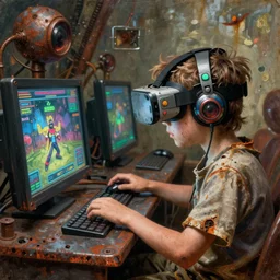 junky kid playing in console game, cybertronic gadgets and vr helmet, durty colours, rotten textures, rusty shapes, hard surface, biotechnology, bao phan, tim hildebrandt, wayne barlow, bruce pennington, donato giancola, larry elmore, oil on canvas, masterpiece, trending on artstation, featured on pixiv, cinematic composition, hyper - detailed, hd, hdr, 4 k, 8 k