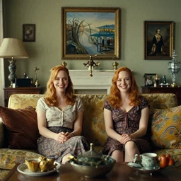 a very happy beautiful Christina Hendricks and her twin sister in the living room, film still from the movie directed by Denis Villeneuve with art direction by Salvador Dalí, wide lens