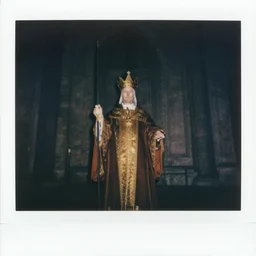 dark old polaroid of an medieval bishop, wide angle