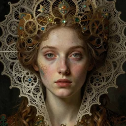 detailed realistic beautiful young medieval queen face portrait by jean delville, gustave dore, iris van herpen and marco mazzoni, art forms of nature by ernst haeckel, art nouveau, symbolist, visionary, gothic, pre - raphaelite, fractal lace, memento mori