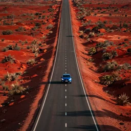 photo of a long road in the red australian outbac | a lone blue car is seen driving away from the viewer