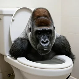 gorilla poking its head out of a toilet, only the top half of its head is visible