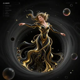 A stunning young ethereal figure, delicately entwined in vibrant fluid hues of black and gold, is being drawn and spaghettified into a blackhole, gravitational lenses, photons, dimples, inside a waterdrop, Fantasy, hyperrealism, 4k, volumetric lighting, three dimensions, spaghettification, a digitally transformed world, user interface design, 3D modeling, artstation, illustration, and transportation design. art by Andrew Chiampo, Frederik Heyman and Jonathan Zawada
