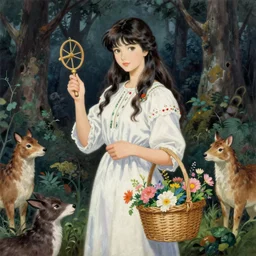 In the painting Vasilisa can be seen standing in the forest, surrounded by animals. She is holding a basket of flowers in one hand and a spindle in the other. Her face is turned towards the viewer, with a gentle expression. In the background, the forest is depicted as a dark and mysterious place.  by Go Nagai, by Michael Cheval realist, imposing