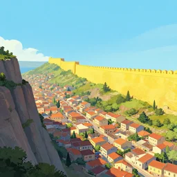 illustration. view of a town from mount, the endless cliff on the left, a high yellow wall stretching into the sky on the right, trending on artstation