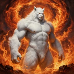 award winning magnificent Mythological Painting portrait commission art of a gigantic shirtless muscular albino male furry amongst a fire tornado Character design by charlie bowater, ross tran, artgerm, and makoto shinkai, detailed, inked, western comic book art, 2021 award winning painting