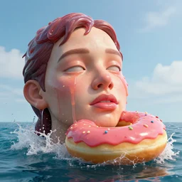 a massive sculpture of a squashed human face dripping jelly and in love with a giant jelly donut on the ocean water, cinematic, hyper - realistic, very detailed, realistic water splashes, ray tracing, 8 k resolution, long - shot, sharp focus, low angle, 8 5 mm photograph, wide lens