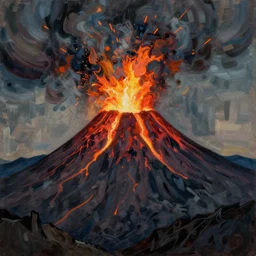 painting of an erupting volcano in the style of egon schiele