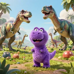 barney the purple dinosaur, in a prehistoric landscape, surrounded by larger predatory dinosaurs, tyrannosaurus, fantasy art, barney and friends, greg rutkowski, concept art, highly detailed, artstation, artgerm, behance, cgsociety, natural history