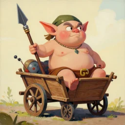 fat fantasy goblin riding in a rickety wooden cart holding a lance, organic painting, sunny day, matte painting, bold shapes, hard edges, street art, trending on artstation, by huang guangjian, gil elvgren, ruan jia, greg rutkowski, gaston bussiere