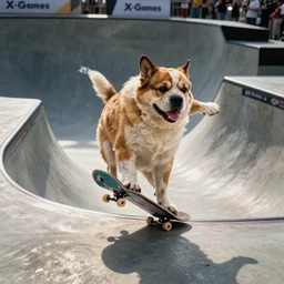 “photo of a very, very fat dog skateboarding and kick flipping in a half-pipe at the X-Games”