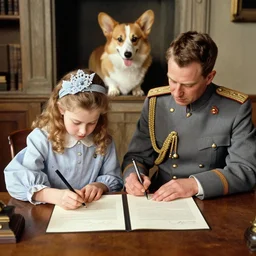 5 0 mm 1 9 4 6 historical photo, of a single general and a young queen elizabeth signing a peace treaty, a cute corgi watches from above, french village interior, highly detailed, sharp focus, symmetrical face