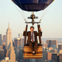 Andy Richter wearing a brown suit and necktie riding in the basket of a hot air balloon above nyc