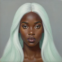 a detailed matte oil on canvas head on symmetrical portrait of black skinned woman with! long white hair! and ( ( pale greenish ) ) hair, clothed by charlie bowater, lise deharme, wlop, trending on artstationhd, dungeons and dragons art critical role