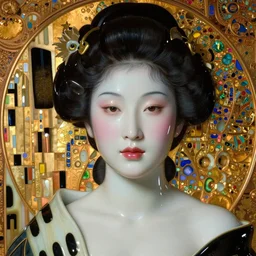 face centered portrait, artwork by james jean, hyperdetailed realistic smooth polished porcelain, beautiful chinese queen, jean delville, art nouveau, gustav klimt, ornate copper patina gothic icon, james jean, ultrasharp hyperdetailed photorealistic octane render