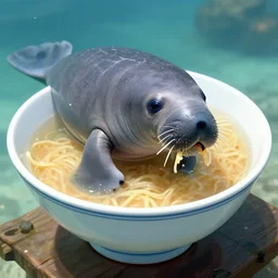a manatee taking a bath in a ramen bowl - n 4