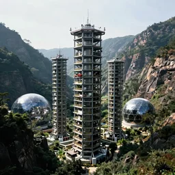 vertical farm towers and sci - fi dome in a steep sided valley with trees, a sense of hope, high res, 4 k, stark light, edouard groult, bynde, kirill leonov