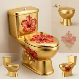 a golden toilet with red hibiscus embossed into the material, the toilet is shiny, varying art styles, varying locations, varying angles