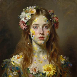 a realistic oil painting of a girl resembling karen gillan, covered in flowers, highly detailed, intricate, artstation, by donato giancola and william adolphe bouguereau