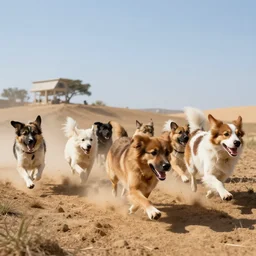 a group of love dogs running on the plateau, in the sunshine, photo realistic, highly detailed, trending on artstation, artwork by boris vallejo