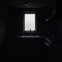 ambient occlusion, black black black dark dark dark, underexposed photography, dark underground kitchen, windowless