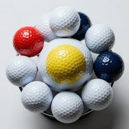 a golf balls in ten different colors arranged into a sphere